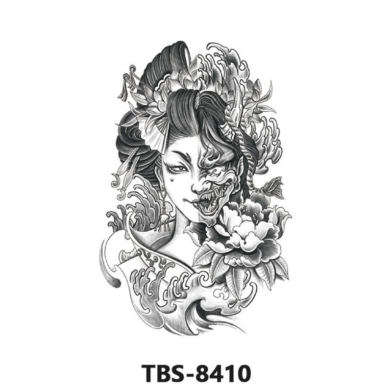 Waterproof temporary tattoo stickers, full sleeve geisha temporary tattoo stickers, large image, black and white, color, full sleeve tattoo, 1 piece.